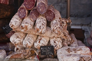 Stack Prints: Saucisson on sale at a market in Tours, Indre-et-Loire, Loire Valley, France, Europe