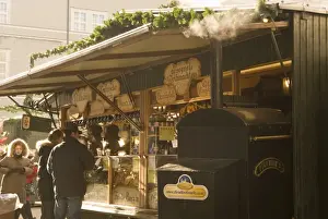 Snacks Prints: Sausage, hot wine, hot potato and snack stand at Historical Salzburg Christkindlmarkt
