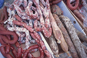 Meat Prints: Sausages in the market, Extramadura, Spain, Europe