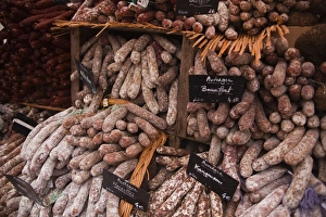 Indre Et Loire Prints: Sausages and saucisson on sale at market in Tours, Indre-et-Loire, Centre, France, Europe