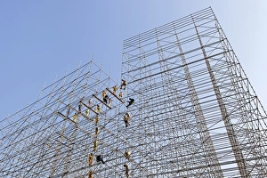 Manual Labour Prints: Scaffolding construction being erected in Central Doha, Doha, Qatar, Middle East