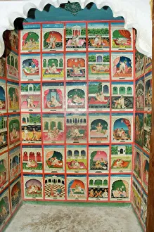 Art Work Prints: Scenes from the Kama Sutra in a cupboard in the Juna Mahal fort