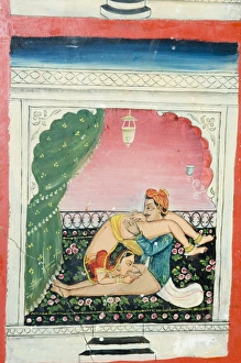 Images Dated 16th January 2000: Scenes from the Kama Sutra from cupboard in the Juna Mahal fort