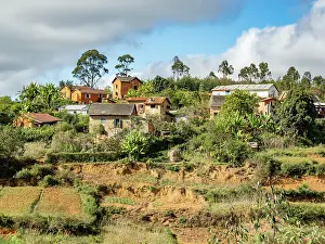 Madagascar Prints: Scenes of rural life along highway N2 from Antanavarino to Andasibe in Madagascar with houses and fields