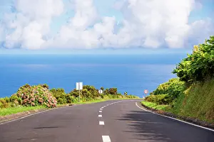 Route Prints: Scenic coastal road overlooks Atlantic Ocean on Flores Island in Portugal