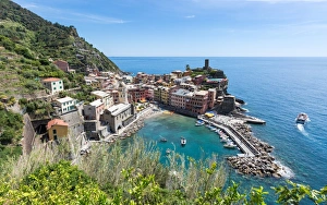 Liguria Prints: A scenic lookout over the harbour and old town of Vernazza, Cinque Terre, UNESCO