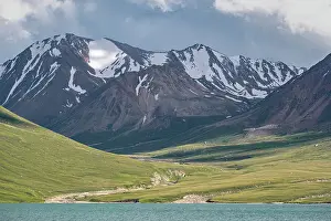 Rugged Terrain Prints: Scenic mountain landscape with lush greenery and snow-capped peaks above Kol Ukok Lake