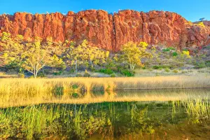 Northern Territory Prints: Scenic red sandstone wall and bush vegetation reflected in waterhole, Glen Helen Gorge