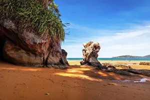 Stack Prints: Scenic Rock Stack on Bright Orange Beach at Low Tide, Abel Tasman Coast, New Zealand