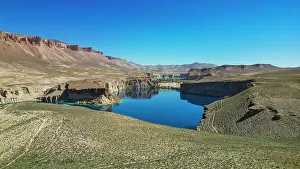 Wonders Prints: Scenic view of Band-e-Amir National Park features deep blue lakes surrounded by rocky terrain in Bamiyan