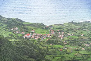 Azores Prints: Scenic view of Fajzinha village with green hills and Atlantic Ocean on Flores Island in Azores Portugal