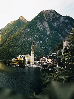 Hallstatt Prints: Scenic view of famous Hallstatt mountain village in the Austrian Alps in summer
