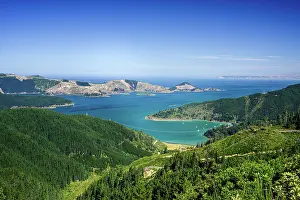 Zealand Prints: Scenic view of hills and waters in Marlborough Sounds showcases nature in South Island