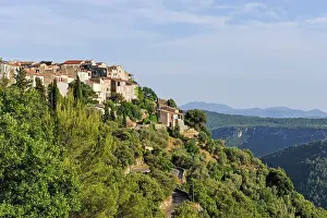 Slopes Prints: Scenic view of houses on a hillside in the Alpes-Maritimes region of France during a sunny day