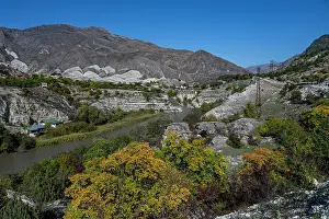 Foliage Prints: Scenic view of the Karakoisu river surrounded by mountains and trees in Dagestan