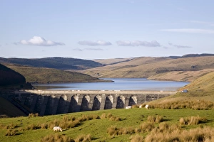 Ceredigion Prints: Scenic view of Llyn Nant-y-moch reservoir and dam with