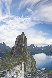 Fjord Prints: Scenic view of Segla Mountain peak and fjord at sunset, Senja, Troms county, Norway