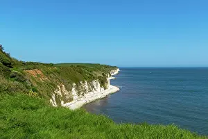 White Cliffs Prints: Scenic view of white chalk cliffs and green coastline against a clear blue sky
