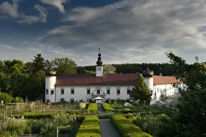 Niederosterreich Prints: Schiltern Castle from accross Arche Noah bio produce garden, Schiltern