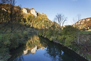Schloss Werenwag Castle reflecting in Danube River, Danube Valley, Upper Danube Nature Park, Swabian Alb, Baden Wurttemberg, Germany, Europe