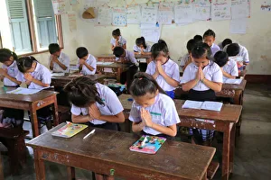 Children Prints: Schoolchildren in classroom, Elementary School, Vieng Vang, Laos, Indochina