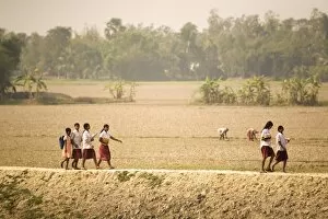 Schoolgirls walk along a dyke on the edge of the Sunderbans (Sundarbans) National Park