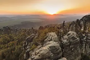 Saxony Prints: Schrammsteine Rocks at sunset, Elbsandstein Mountains, Saxony Switzerland National Park