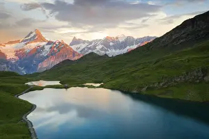 Grindelwald Prints: Schreckhorn and Finsteraarhorn peaks reflected in Bachalpsee lake at sunset, Grindelwald