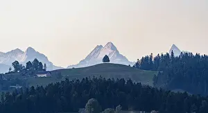 Bern Prints: Schreckhorn, Wetterhorn, Finsteraarhorn and Eiger mountains view from green rolling hills