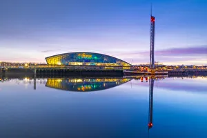 River Clyde Prints: The Science Museum and Glasgow Tower at dusk, River Clyde, Glasgow, Scotland
