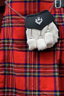 Edinburgh Prints: Scottish kilt and purse on display for sale, Edinburgh, Scotland, United Kingdom, Europe