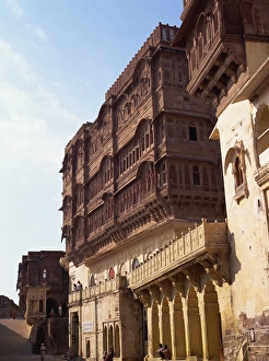 Rajput Prints: Screened ladies quarters above courtyard, Meherangarh Fort, Jodhpur, Rajasthan state