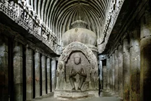 Indian Culture Gallery: Sculpture of the Buddha in the main room of the temple of Vishvakarma (Cave 10), Ellora Caves