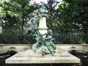 Creativity Prints: Sculpture of the Delacroix Monument in the Jardin du Luxembourg with figures surrounded by greenery in Paris