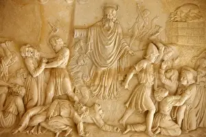 Relief Prints: Sculpture depicting Elias fighting the priests of Baal at El Muhraqa, Israel, Middle East
