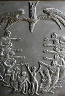 Biblical Prints: Sculpture depicting Pentecost on the door of the Annunciation Basilica, Nazareth, Galilee