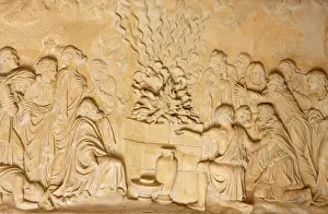 Images Dated 27th July 2007: Sculpture depicting the priests of Baal at El Muhraqa, Israel, Middle East