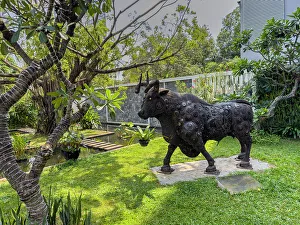 Artist Prints: Sculpture of an iron bull at Topaz Restaurant