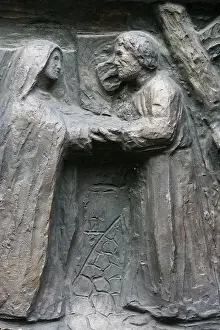 Biblical Prints: Sculpture of Jesus meeing his mother on the Via Dolorosa on the Notre Dame door