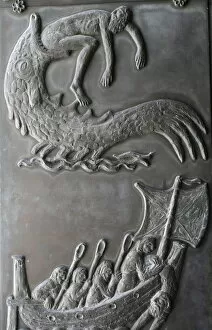 Images Dated 20th May 2000: Sculpture of Jonah and the Whale on the door of the Annunciation Basilica, Nazareth