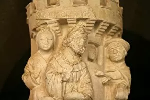 Sculpture of Lazarus and the rich man in the cloister of Cadouin Abbey