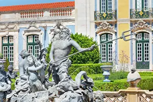 Landscaping Prints: Sculpture of Neptune surrounded by figures at Queluz National Palace gardens in Lisbon