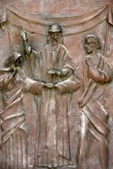 Images Dated 20th May 2000: Sculpture of the wedding of Joseph and Mary on the door of the Annunciation Basilica