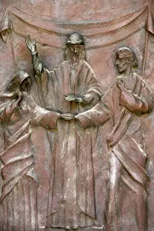 Biblical Prints: Sculpture of the wedding of Joseph and Mary on the door of the Annunciation Basilica