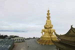 Sea of clouds surrounds the Jinding temple on the top of Golden Summit on Mount Emei Shan