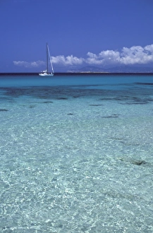 Seascapes Prints: Sea and sailing boat, Formentera, Balearic Islands, Spain, Mediterranean, Europe