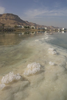 Mineral Prints: Sea and salt formations with hotels and desert cliffs beyond