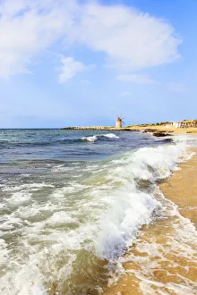 Trapani Prints: Sea waves crashing on sand beach of Baia dei Mulini, Trapani, Sicily, Italy, Mediterranean