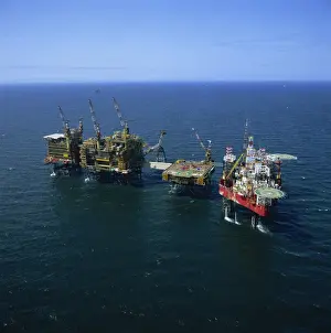 Lancashire Prints: Seafox drill rig and platform in the sea at Morecambe Bay gas field, England