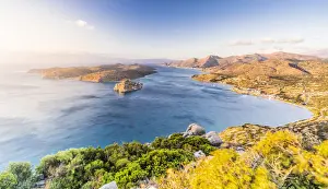 Plaka Prints: Seaside village of Plaka and Spinalonga island seen from mountains at dawn, Mirabello bay